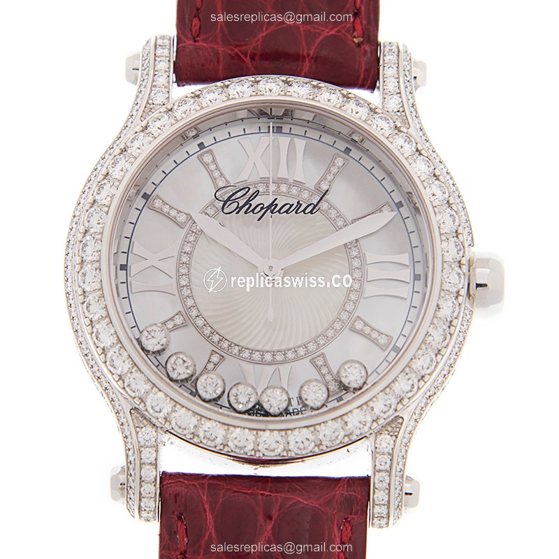 Chopard Happy Sport Replica - Auto - 18kt White Gold - Diamond - White Dial - Red Alligator Strap